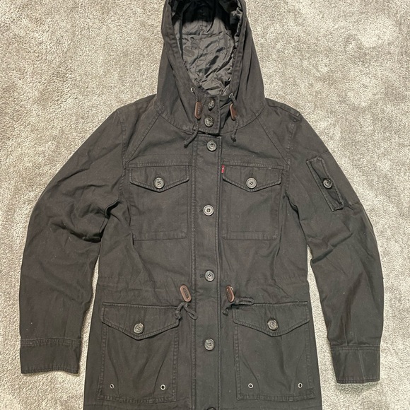 Levis 4 Pocket Cotton Hoodie Womens Medium Quilted Dark Gray - Picture 1 of 10